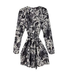 French Connection Shirt Dress Women 16 Gray Black Floral Long Sleeve Belt Career